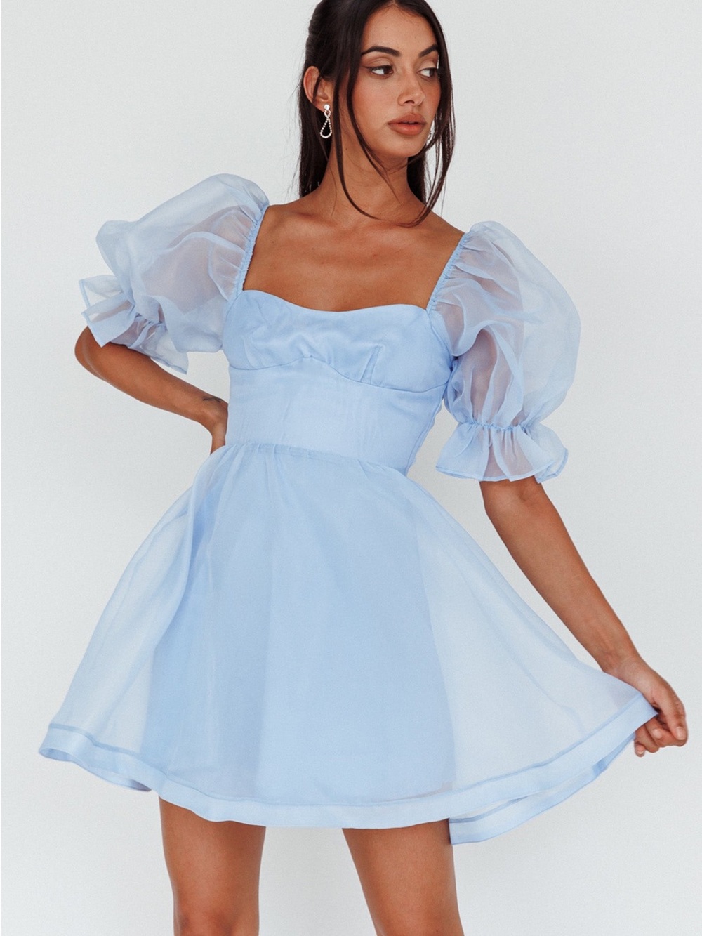 Selfie Leslie I’ve Got Sunshine Sky Blue Puff Sleeve Mini Dress Sz M NWT
